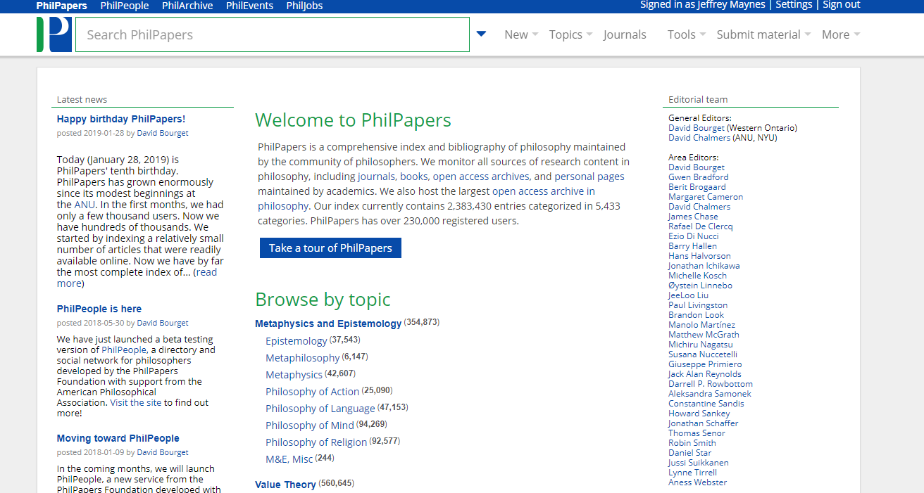 Screenshot of PhilPapers